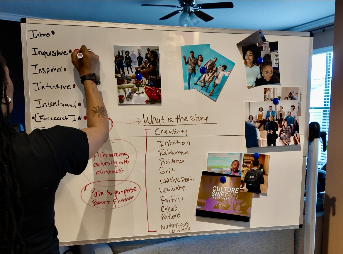 Rachel facilitating a live room, mapping patterns on a whiteboard